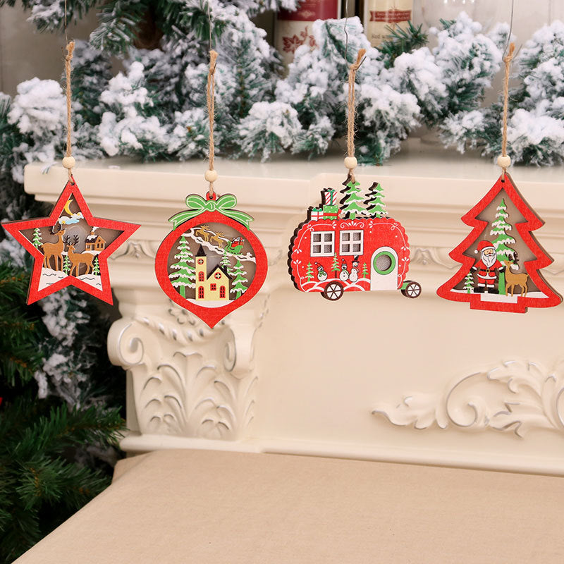 Wooden Christmas Ornaments that Light Up | Star, Heart, Truck and Tree Shapes on a Cord | Nostalgic Santa Sleigh Scene Inside