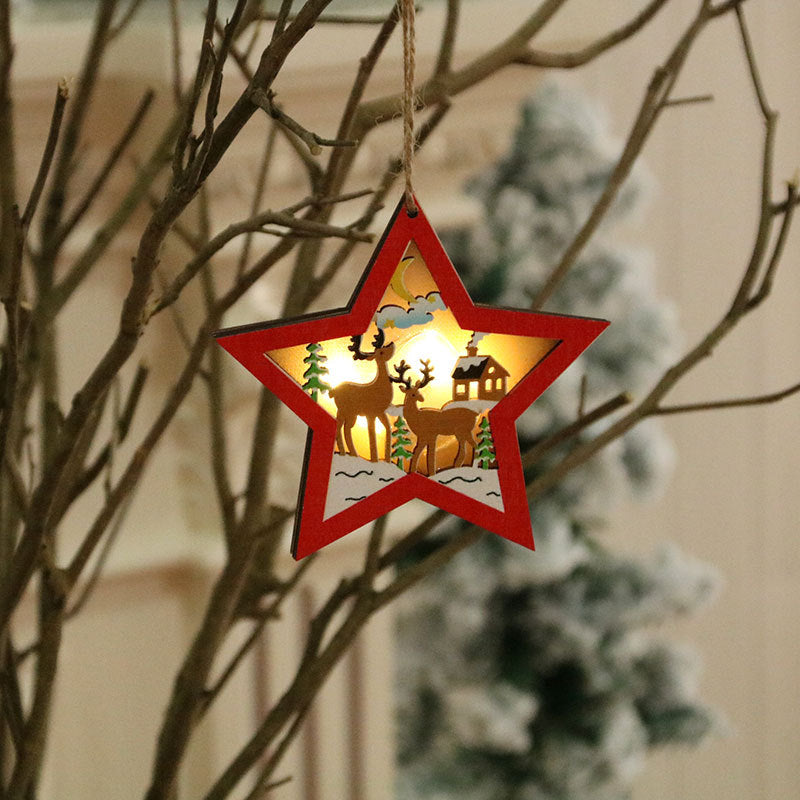 Wooden Christmas Ornaments that Light Up | Star, Heart, Truck and Tree Shapes on a Cord | Nostalgic Santa Sleigh Scene Inside