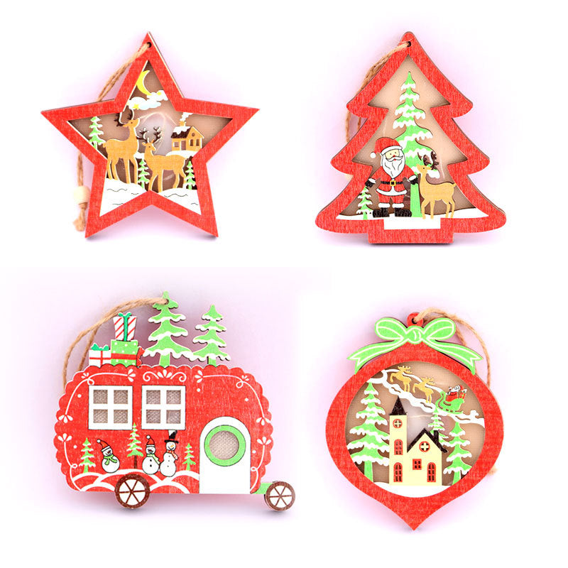 Wooden Christmas Ornaments that Light Up | Star, Heart, Truck and Tree Shapes on a Cord | Nostalgic Santa Sleigh Scene Inside