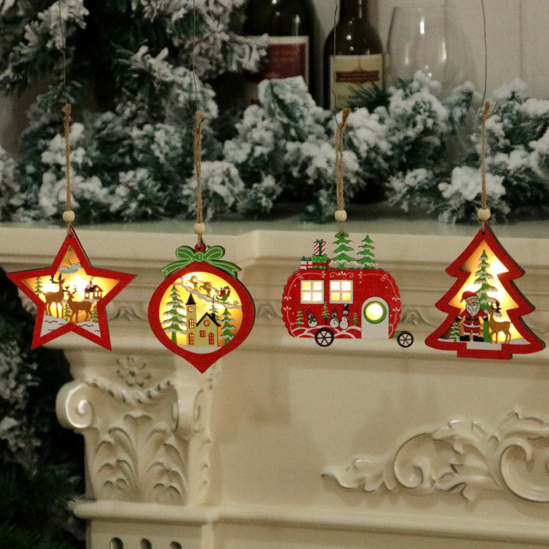 Wooden Christmas Ornaments that Light Up | Star, Heart, Truck and Tree Shapes on a Cord | Nostalgic Santa Sleigh Scene Inside