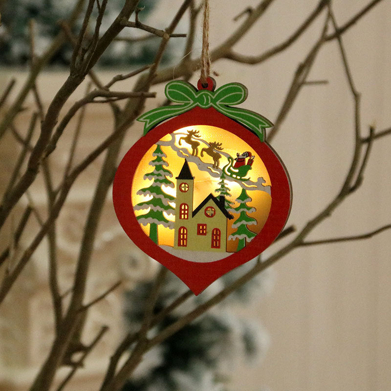 Wooden Christmas Ornaments that Light Up | Star, Heart, Truck and Tree Shapes on a Cord | Nostalgic Santa Sleigh Scene Inside