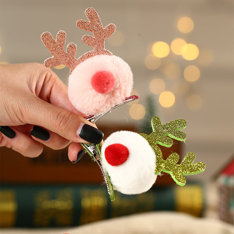 Christmas Hair Clip with a Pompom Reindeer and Glitter Antlers | Secure Alligator Fastening | Festive Accessories in 4 Colors