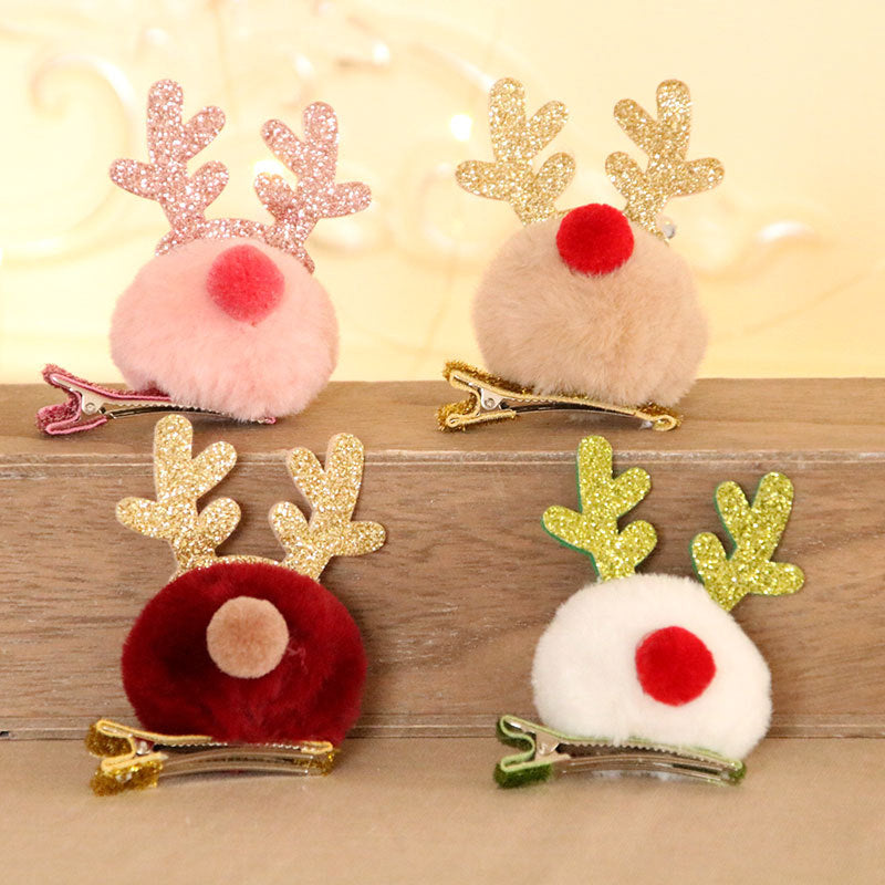 Christmas Hair Clip with a Pompom Reindeer and Glitter Antlers | Secure Alligator Fastening | Festive Accessories in 4 Colors