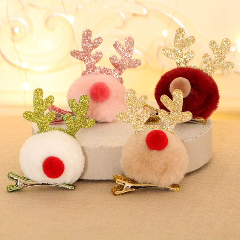 Christmas Hair Clip with a Pompom Reindeer and Glitter Antlers | Secure Alligator Fastening | Festive Accessories in 4 Colors