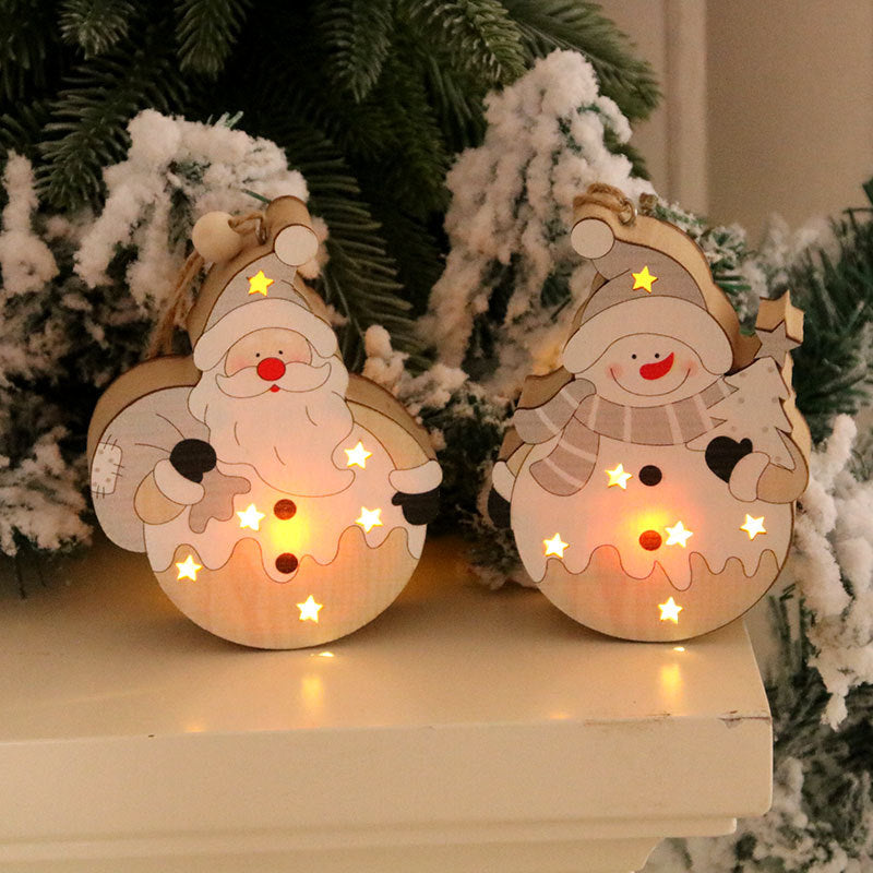 Light Up Wooden Christmas Ornaments | Santa, Snowman and Reindeer Shapes with Star Cutouts | Battery Powered Hanging Decor