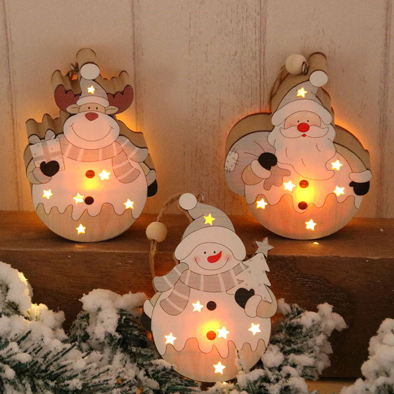 Light Up Wooden Christmas Ornaments | Santa, Snowman and Reindeer Shapes with Star Cutouts | Battery Powered Hanging Decor