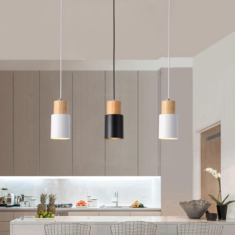 Cylinder Aluminum Pendant Light with Wood Detail