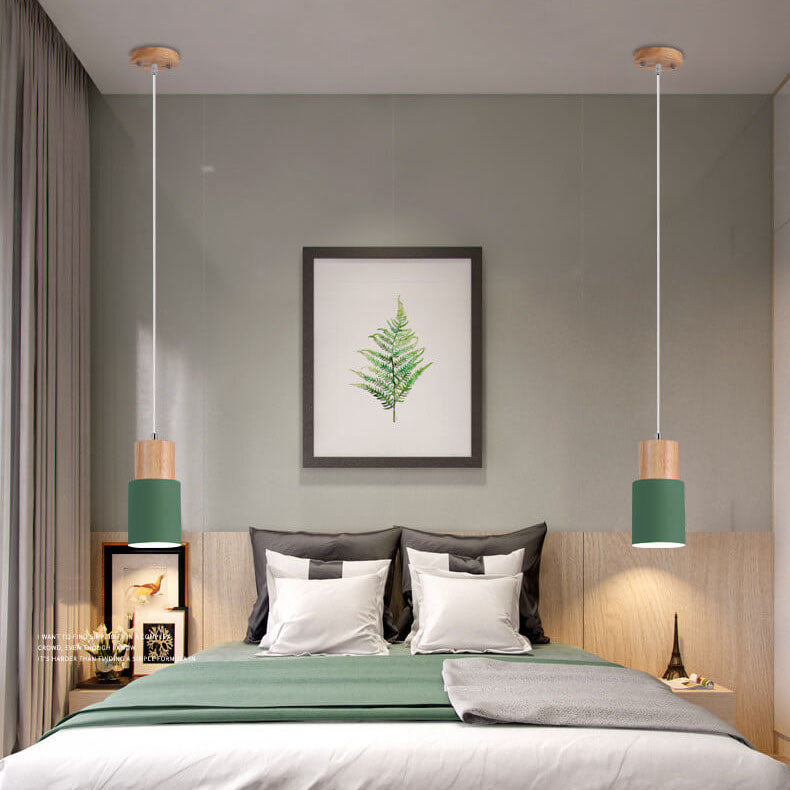 Cylinder Aluminum Pendant Light with Wood Detail