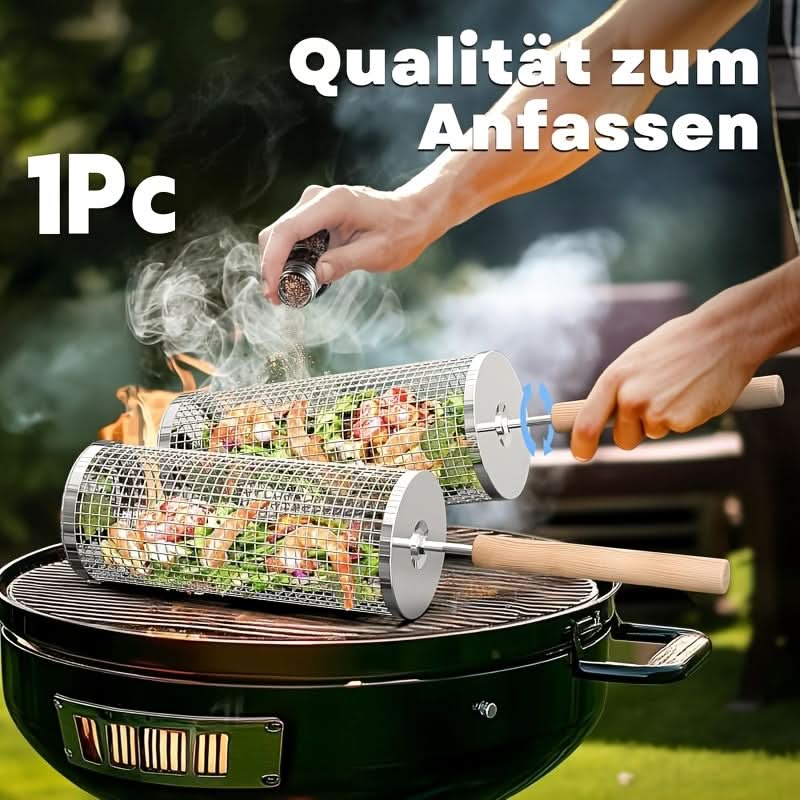 Stainless Steel Rolling Grill Basket with Detachable Handle | 304-Grade Steel | Even-Cook Rotating Design for BBQ