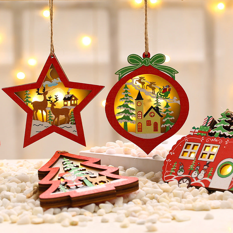 Wooden Christmas Ornaments that Light Up | Star, Heart, Truck and Tree Shapes on a Cord | Nostalgic Santa Sleigh Scene Inside