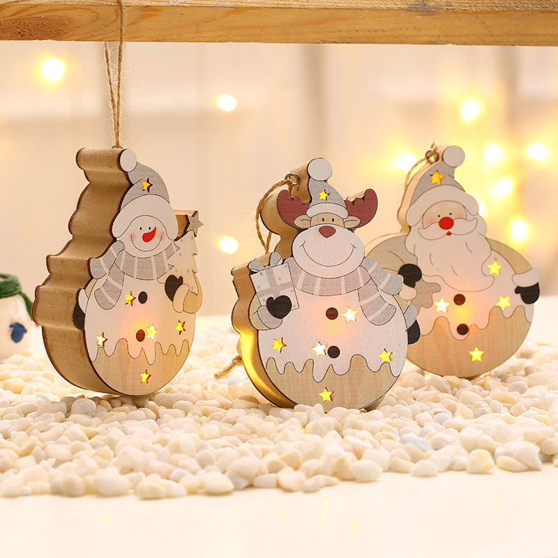 Light Up Wooden Christmas Ornaments | Santa, Snowman and Reindeer Shapes with Star Cutouts | Battery Powered Hanging Decor