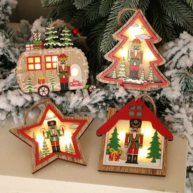 Wooden Wall Hanging Christmas Tree with Nutcracker Design | Soft LED Lights Inside | Star and House Shapes, Four Styles