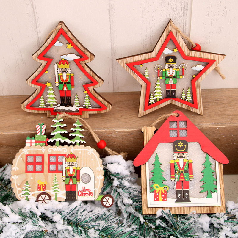 Wooden Wall Hanging Christmas Tree with Nutcracker Design | Soft LED Lights Inside | Star and House Shapes, Four Styles