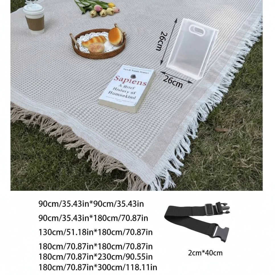 Foldable Woven Picnic Mat in 5 Sizes | Plaid Pattern with Tassel Trim | Lightweight Comfort for Camping, Beach & Travel