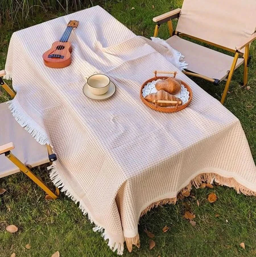 Foldable Woven Picnic Mat in 5 Sizes | Plaid Pattern with Tassel Trim | Lightweight Comfort for Camping, Beach & Travel