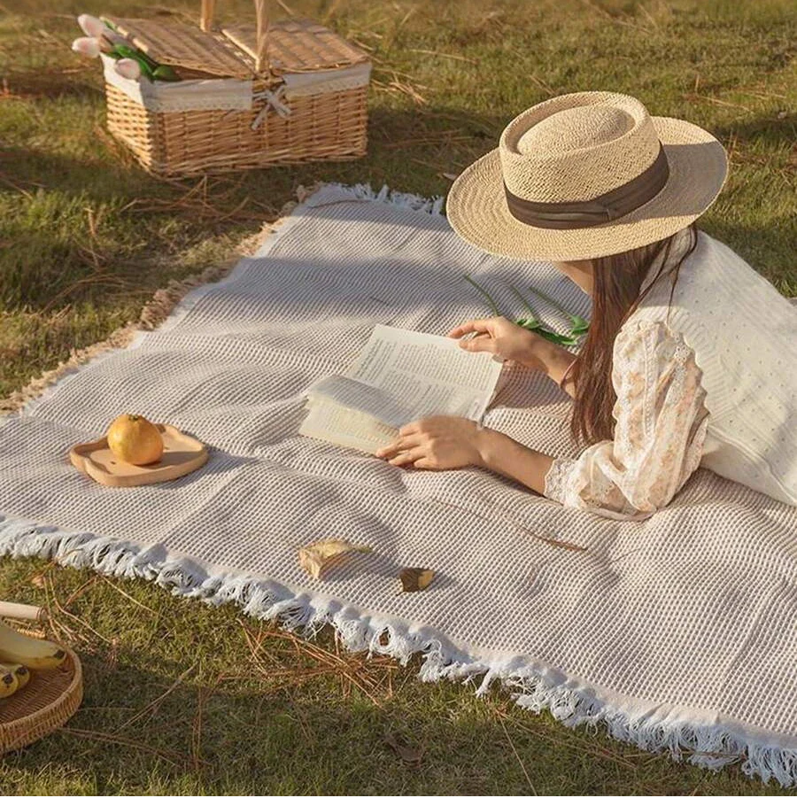 Foldable Woven Picnic Mat in 5 Sizes | Plaid Pattern with Tassel Trim | Lightweight Comfort for Camping, Beach & Travel