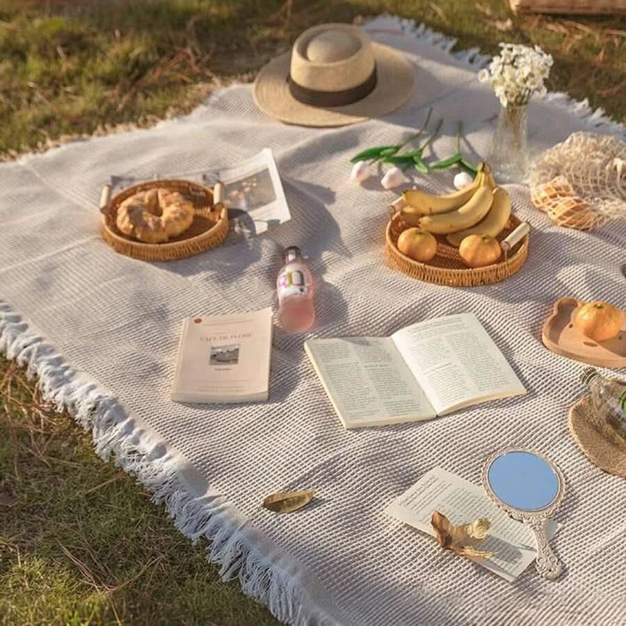 Foldable Woven Picnic Mat in 5 Sizes | Plaid Pattern with Tassel Trim | Lightweight Comfort for Camping, Beach & Travel