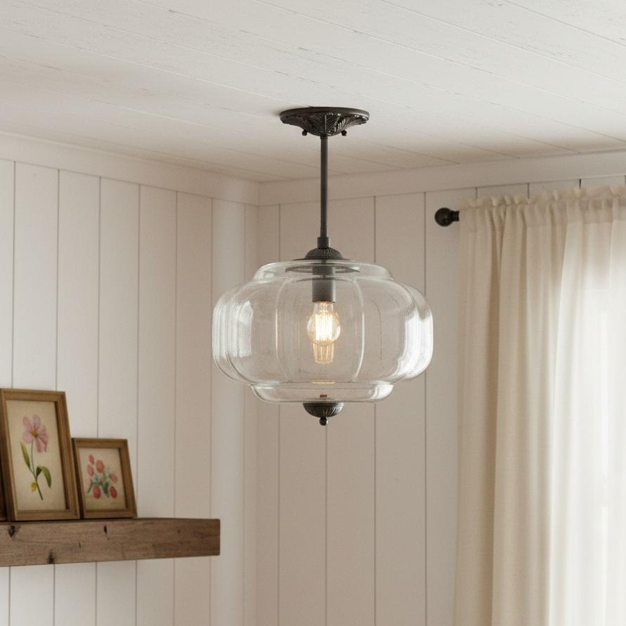 Pumpkin Glass Pendant Light Adjustable Brass