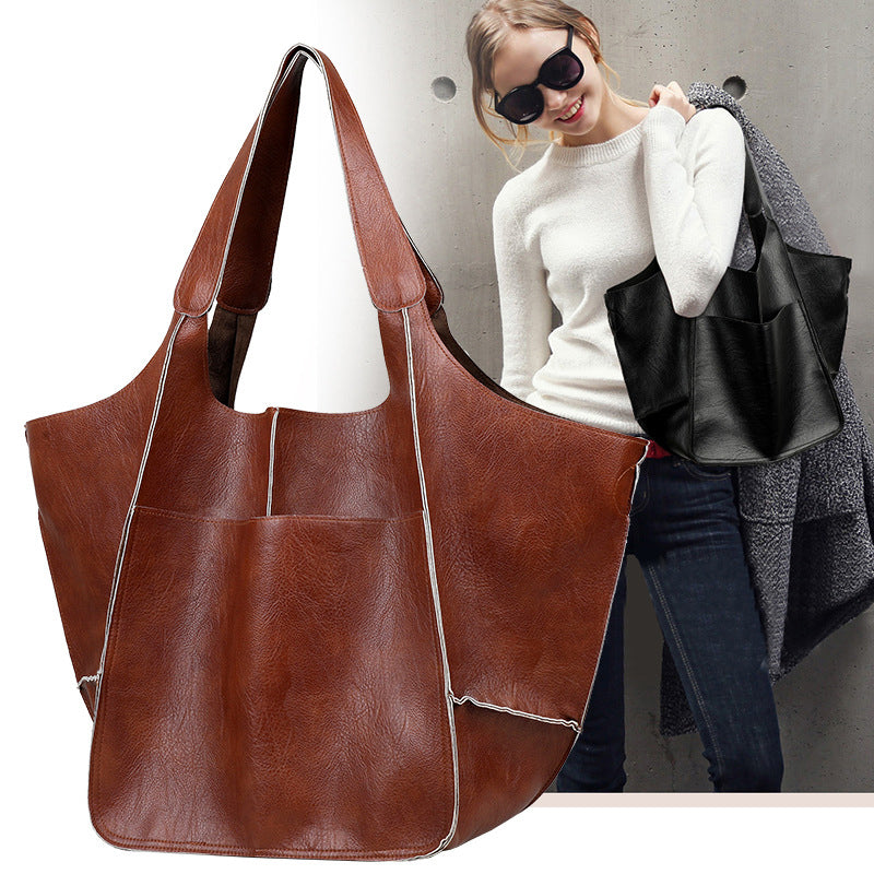 Oversized Faux Leather Tote Bag for Women | Soft Slouchy Shoulder Carry for Work or Travel | 6 Colors, Black to Khaki