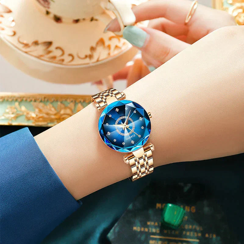 Quartz Wristwatch for Ladies with Starry Simulated Diamond Dial | Stainless Steel Case and Bracelet | 4 Colors