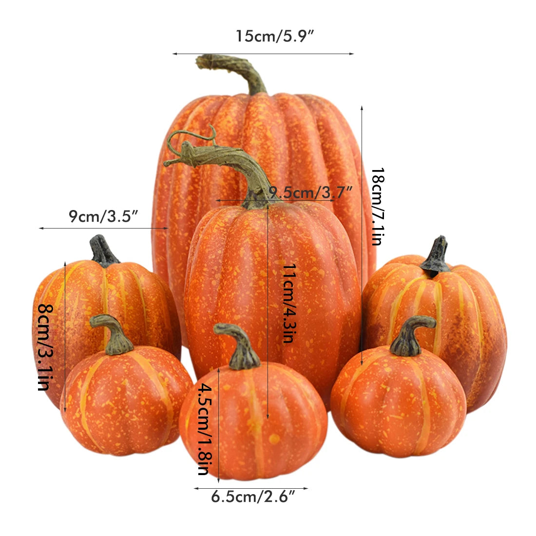 Seven piece fake pumpkin set for Halloween and Thanksgiving displays