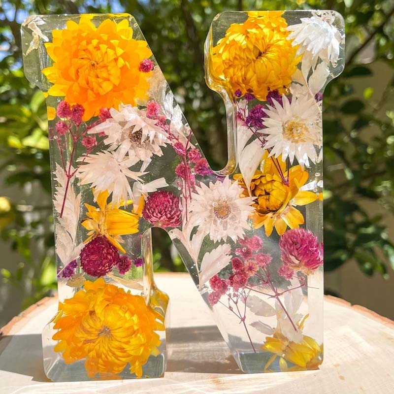 Dried Flower Letter Night Light in Clear Resin | Soft Warm LED Glow for a Bedroom or Living Room | Twenty Five Letters
