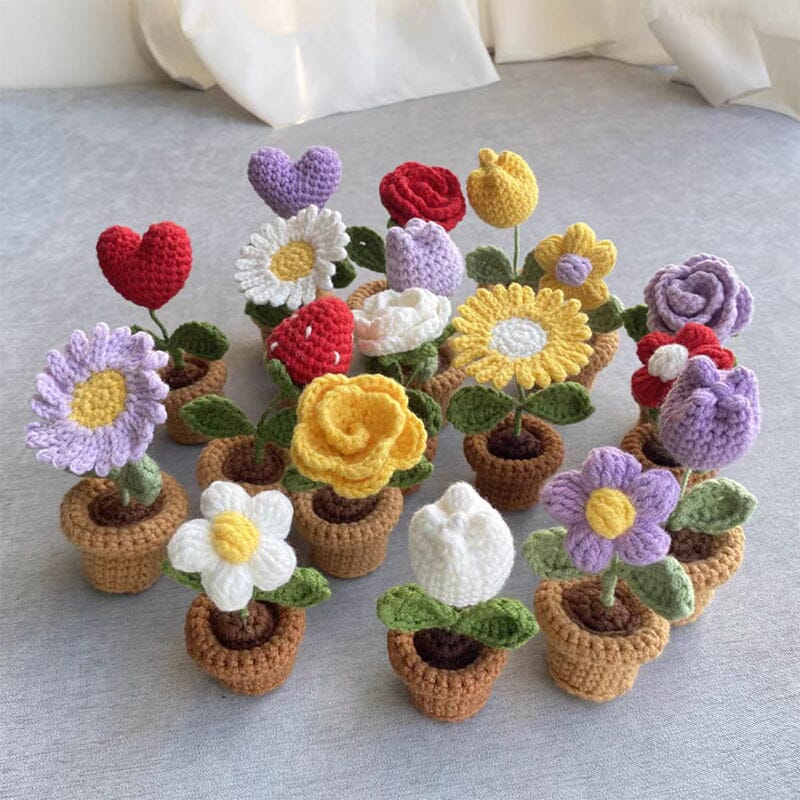 Hand Knitted Artificial Flowers in Their Own Little Pot | Desk, Shelf and Windowsill Decor That Never Wilts | Thirteen Styles