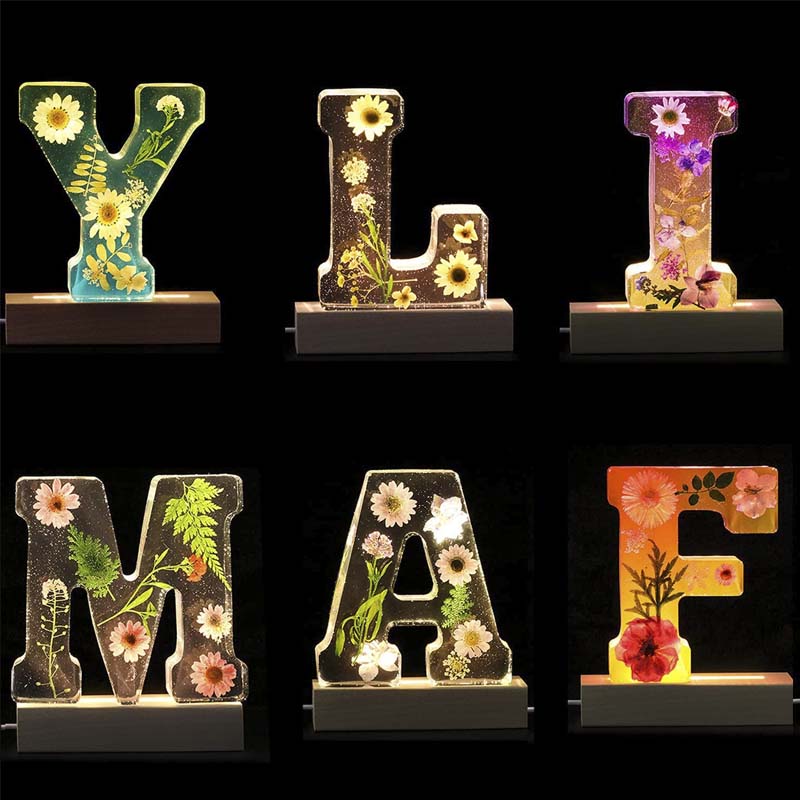 Dried Flower Letter Night Light in Clear Resin | Soft Warm LED Glow for a Bedroom or Living Room | Twenty Five Letters