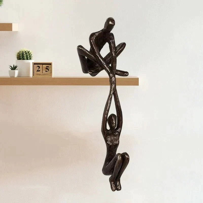 Metal Art Bronze Sculpture of Two Figures | Hanging Shelf Ornament for Living Room or Entryway | Love and Strength