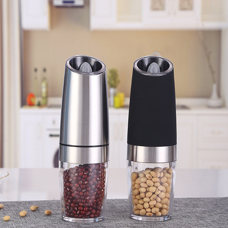 Electric Salt and Pepper Grinder with Gravity Sensor | Ceramic Burrs, Adjustable Coarseness, Blue LED | Black or Silver