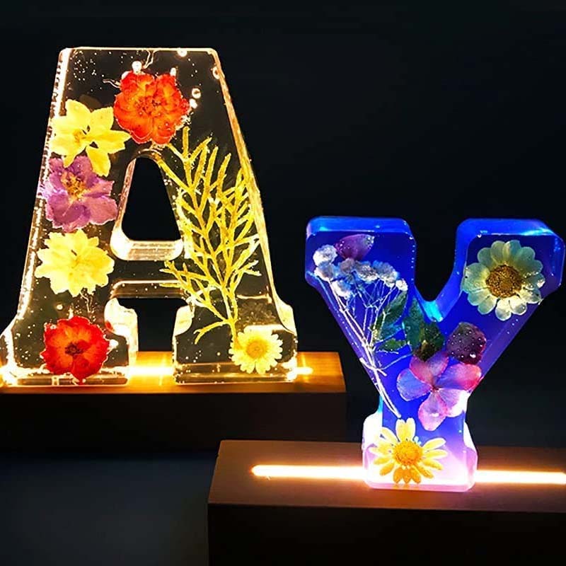 Dried Flower Letter Night Light in Clear Resin | Soft Warm LED Glow for a Bedroom or Living Room | Twenty Five Letters
