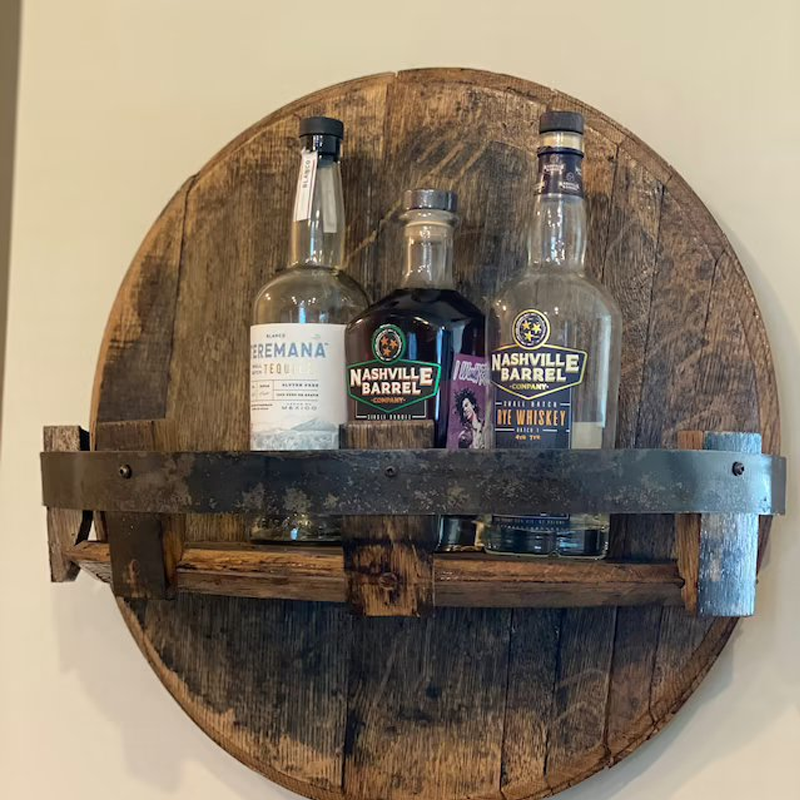 Whiskey Barrel Round Shelves for Wall Mounting | Rustic Solid Wood Bottle and Glass Display | Home Bar Storage