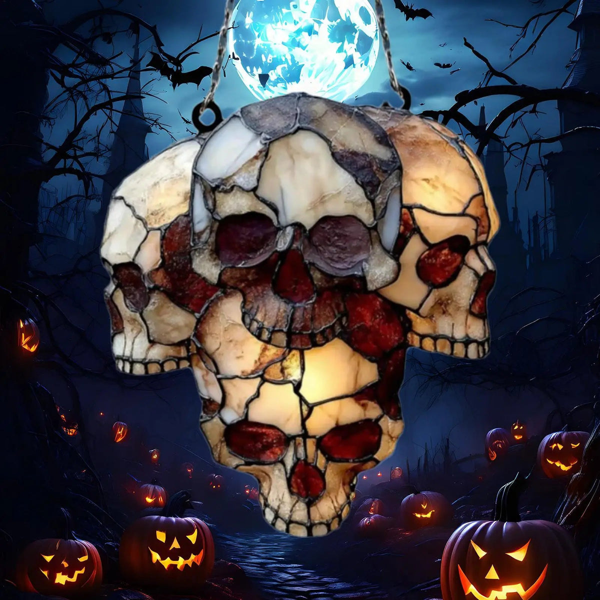 Hanging Halloween Skull Light Catcher | 5.91 In Acrylic Skulls On A Metal Chain | Choose A 3 Or 4 Skull Cluster