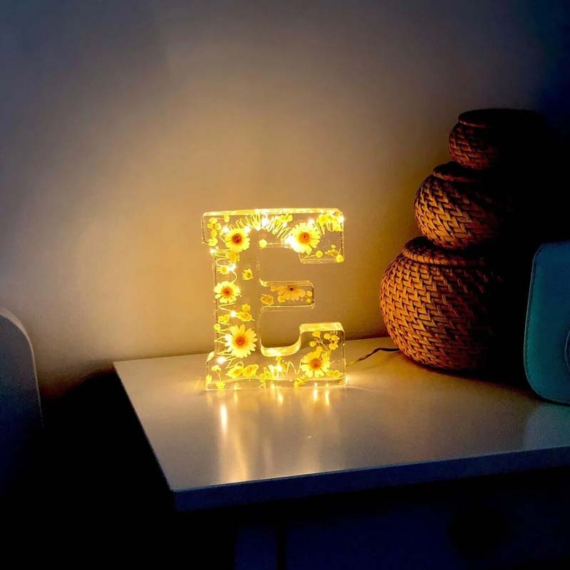 Dried Flower Letter Night Light in Clear Resin | Soft Warm LED Glow for a Bedroom or Living Room | Twenty Five Letters