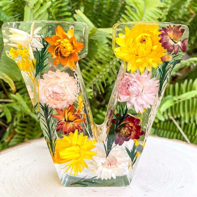 Dried Flower Letter Night Light in Clear Resin | Soft Warm LED Glow for a Bedroom or Living Room | Twenty Five Letters