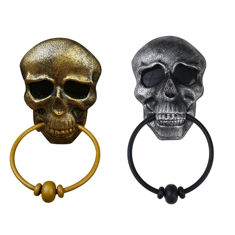 Skeleton head door knocker mounted on a front door for Halloween
