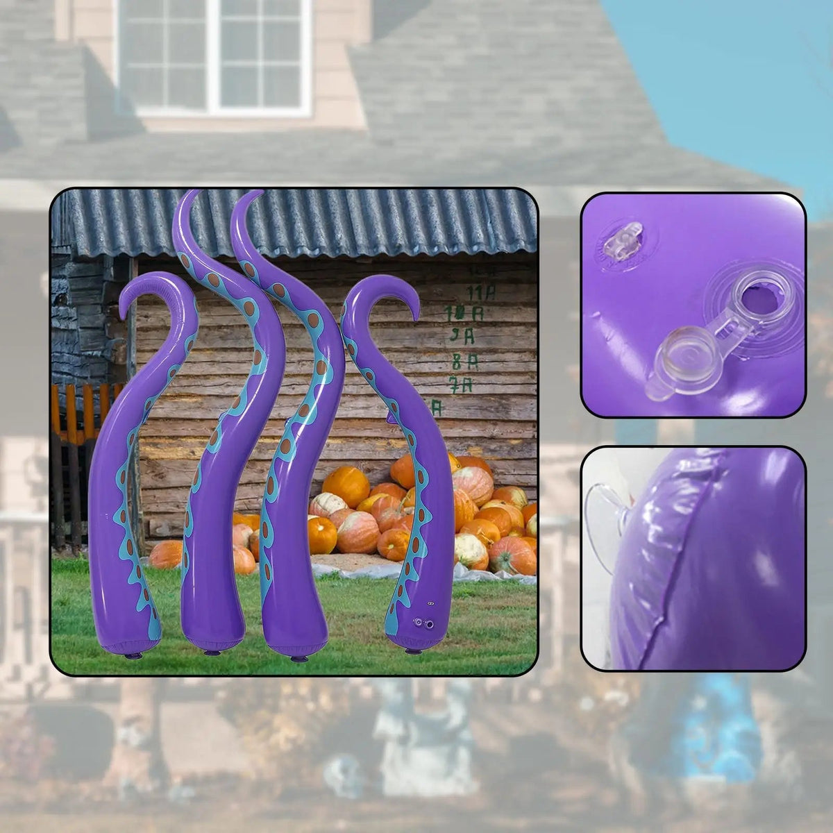 Long and short inflatable octopus tentacles shown with size details