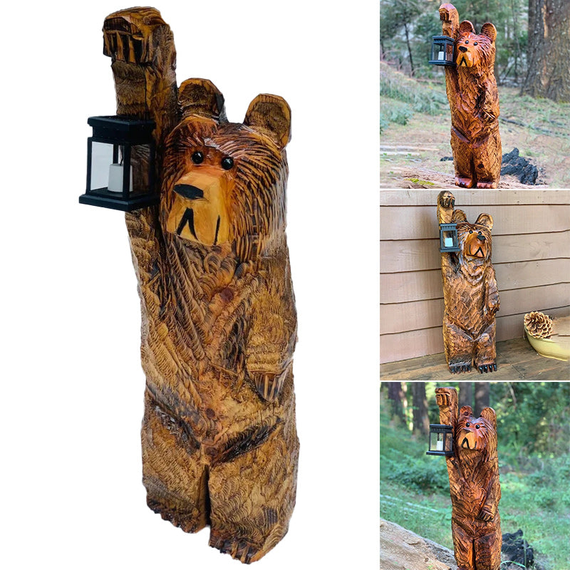 Carved Bear Garden Statue with Solar Lantern | Resin Figure That Flickers Like a Real Candle at Dusk | 20 cm Tall