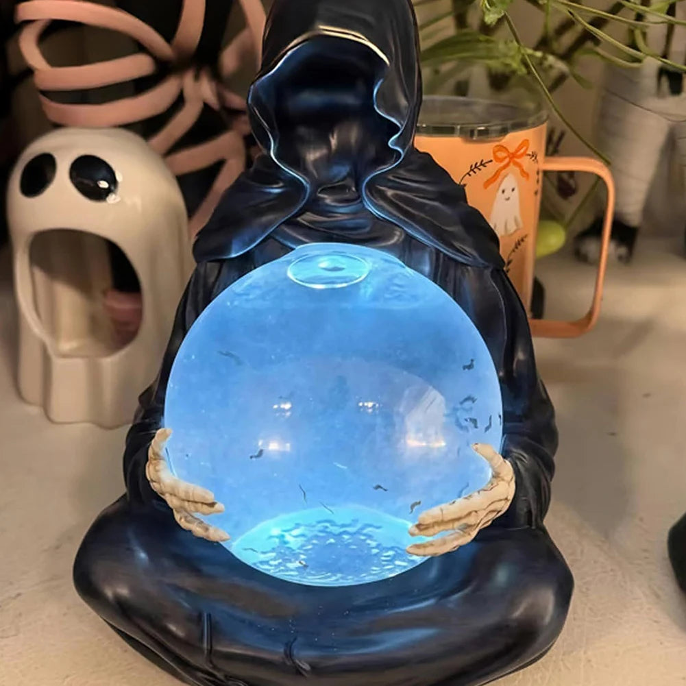 Grim Reaper Crystal Ball Light | 5.98 In Resin Figure With LED Orb And Floating Bats | USB Powered Gothic Decor