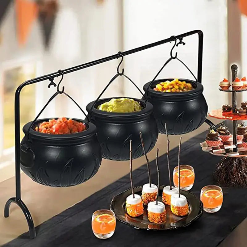 Halloween witch cauldron candy bowl set with three mini cauldrons on an iron stand