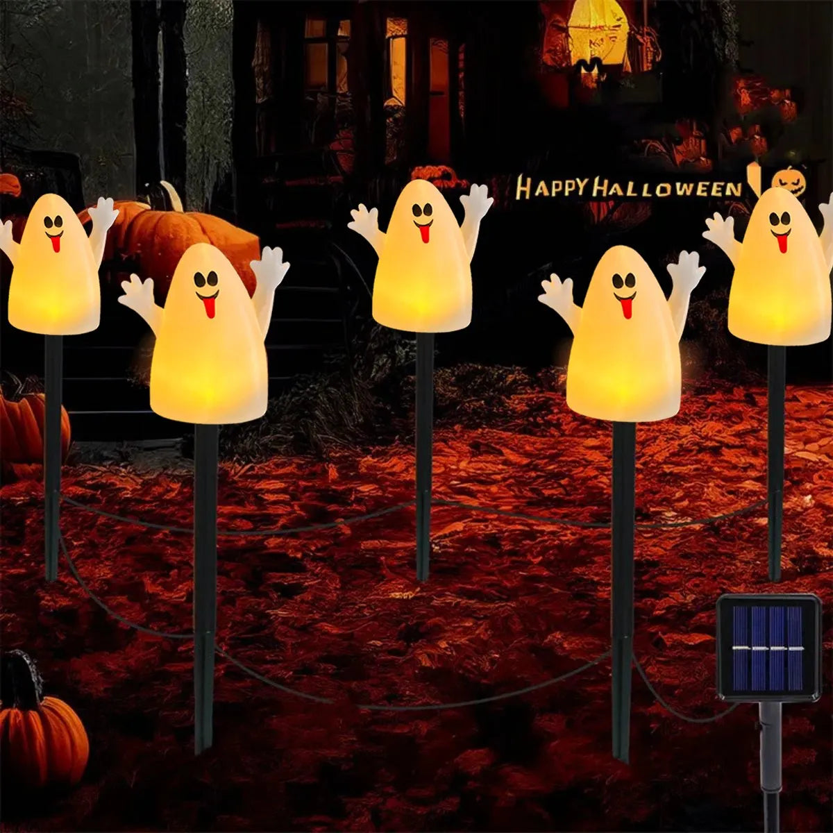 Ghost solar Halloween yard light on a ground stake