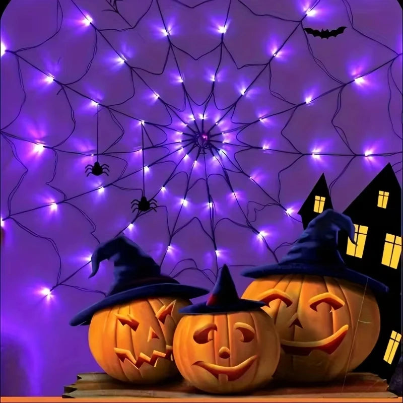 Halloween Spider Web Light | 70 LEDs With 8 Modes In Purple Or Orange | IP65 Waterproof With Bendable Black Spider