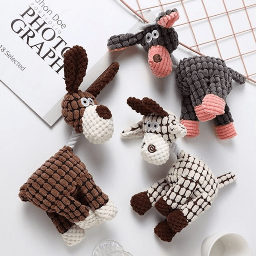 Plush Dog Chew Toys in Animal Shapes for Tug or Fetch | Tough Textured Fabric That Stands Up to Pulling | Six Characters