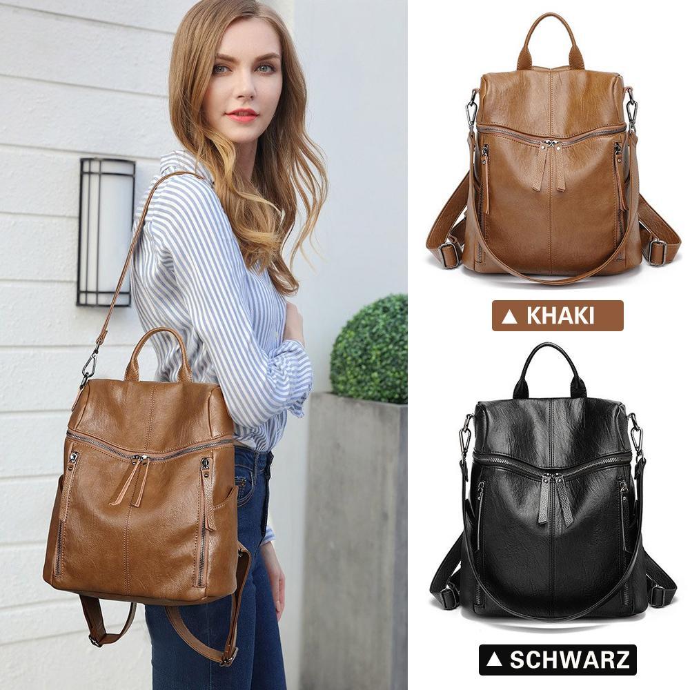 Leather Travel Backpack with Large Capacity | Room for a Tablet, Phone and Long Wallet | Black or Khaki, 30 cm Tall