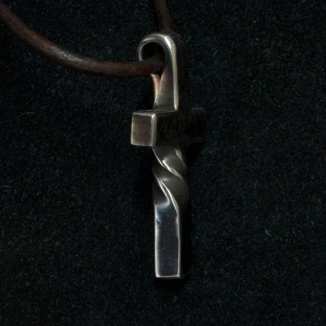 Handmade Cross Pendant Necklace on an Adjustable Leather Cord | Curved Lower Arm and Hand Finished Detail | One of a Kind Piece
