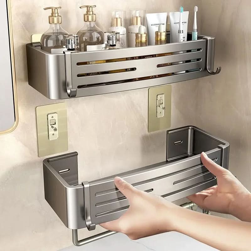 Self-Adhesive Wall-Mount Bathroom Shelf Organizer | White, Gray & Black | No-Drill Rust-Resistant Waterproof Storage