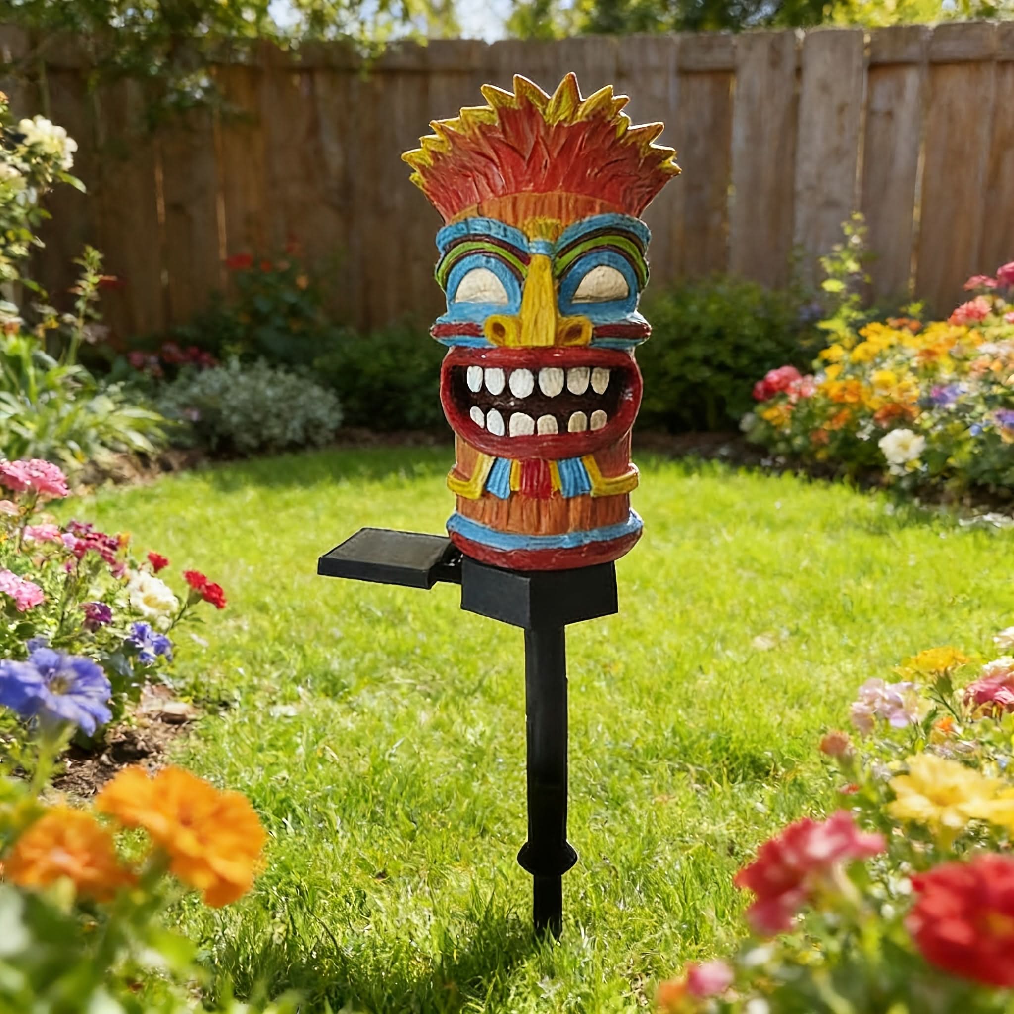 Solar Tiki Totem LED Garden Stake Light 17.9 In | Warm Glow, Light-Sensor Auto On | Tropical Patio & Party Decor