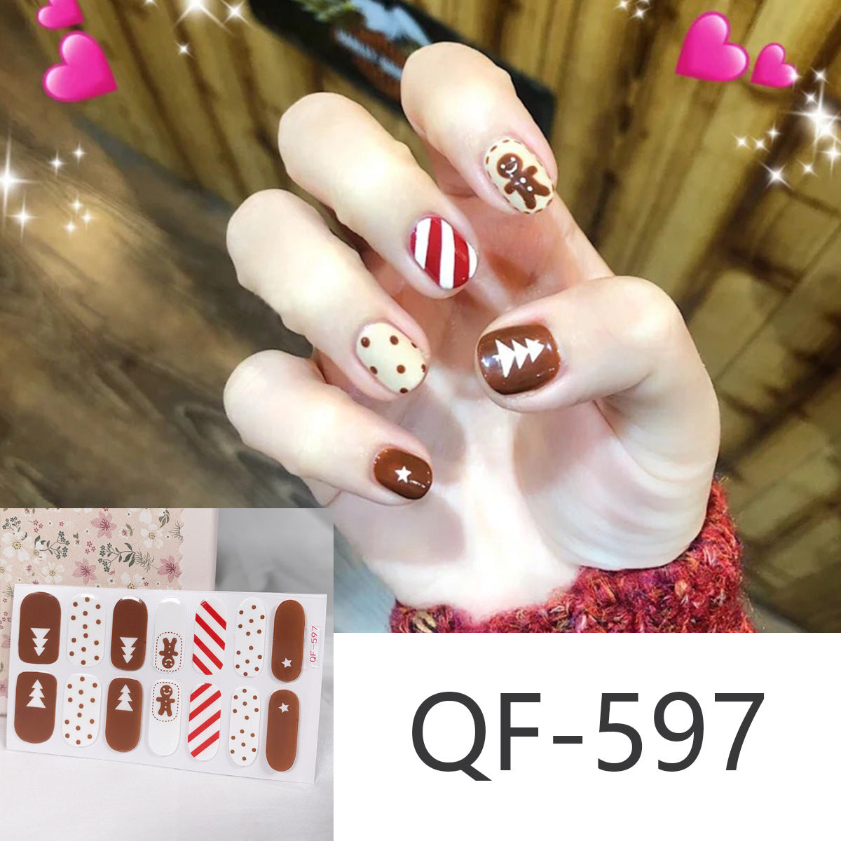 Christmas Nail Wraps and Stick On Nails Set | Gingerbread, Tree and Candy Stripe Designs | Eight Sheets To Choose From