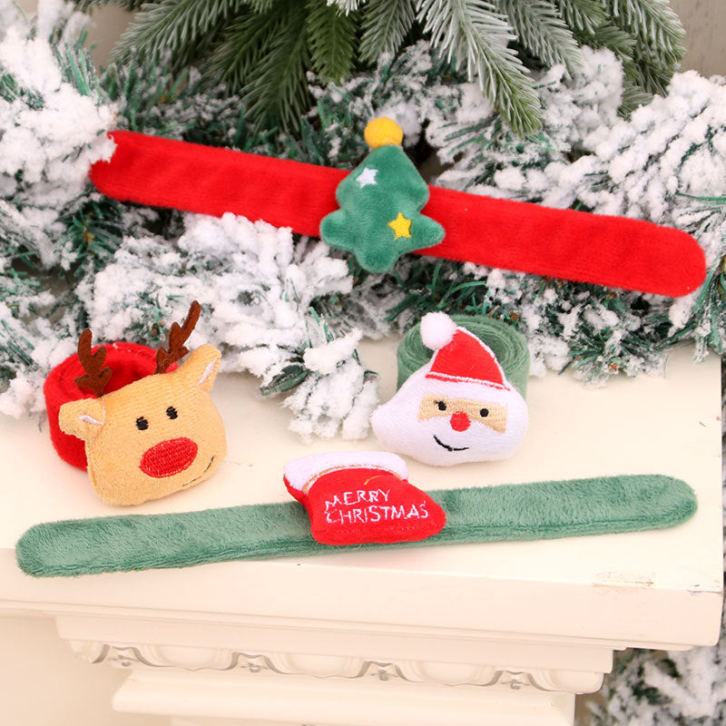 Christmas Accessories Slap Bracelet Set with Plush Reindeer and Santa | Soft Wristband or Headband, One Size | Four Festive Designs