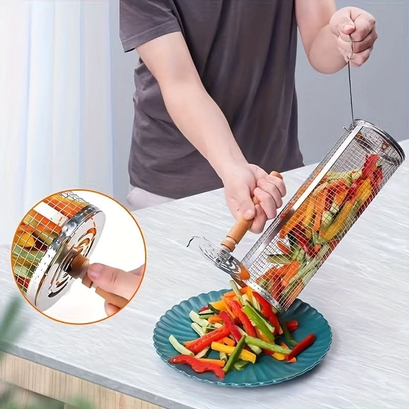 Stainless Steel Rolling Grill Basket with Detachable Handle | 304-Grade Steel | Even-Cook Rotating Design for BBQ